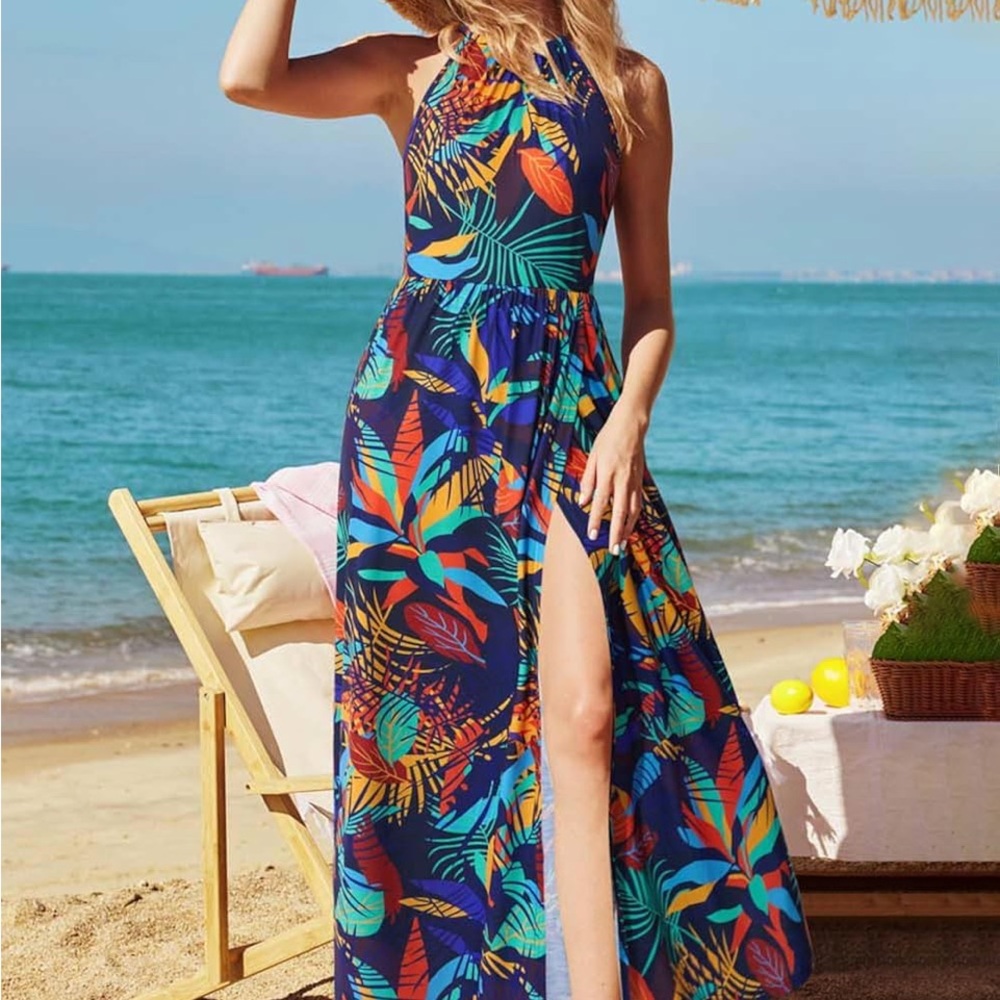 Tropical Print Maxi Dress with Slit